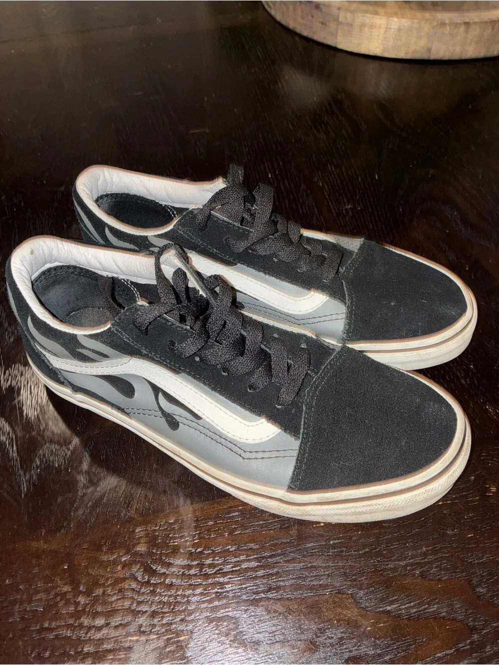 Vans Black & White Low-Top Skate Sneakers with Flame Detail